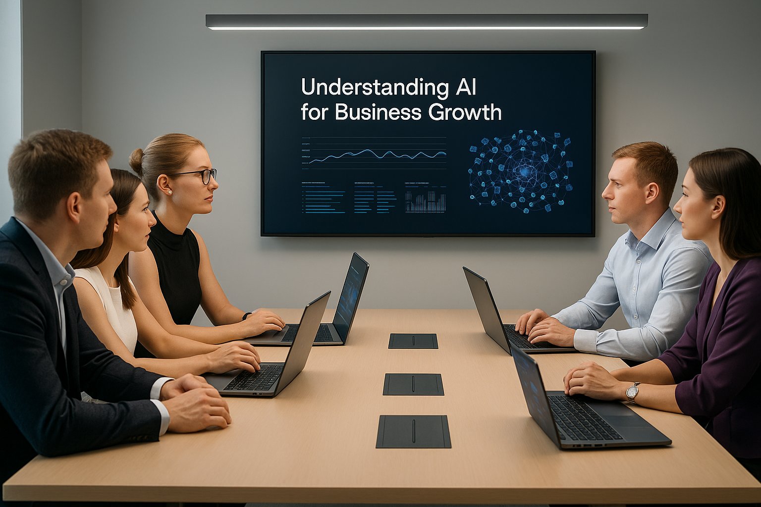 Корпоративное обучение AI технологиям - команда изучает искусственный интеллект в офисе